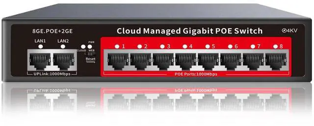 Main image of 8 Port Gigabit PoE Switch with 2 Gigabit Uplink, 120W Built-in Power, 802.3af/at Compliant, Managed PoE+ Switch Support VLAN, QoS, Fanless Metal, Plug and Play(Desktop/Wall Mount)