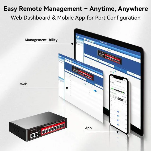 Alt view image 3 of 7 - 8 Port Gigabit PoE Switch with 2 Gigabit Uplink, 120W Built-in Power, 802.3af/at Compliant, Managed PoE+ Switch Support VLAN, QoS, Fanless Metal, Plug and Play(Desktop/Wall Mount)