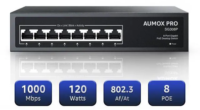 Main image of 8 Port PoE Switch Gigabit 120W, Gigabit Unmanaged Ethernet Switch, Plug & Play, 802.3af/at Compliant, Metal Housing, 8-Port Network Switch for Home/Office Energy Efficient Silent Operation