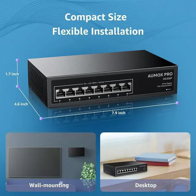 Alt view image 6 of 7 - 8 Port PoE Switch Gigabit 120W, Gigabit Unmanaged Ethernet Switch, Plug & Play, 802.3af/at Compliant, Metal Housing, 8-Port Network Switch for Home/Office Energy Efficient Silent Operation