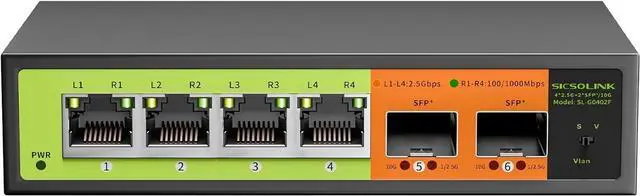 Main image of 6 Port 2.5Gb Network Switch, 4x2.5G RJ45, 2x10G SFP+, Muti-gigabit, Unmanaged, Metal Case, 60G Bandwidth, Fanless, Compatible with 2.5gbe NAS, PC, AP