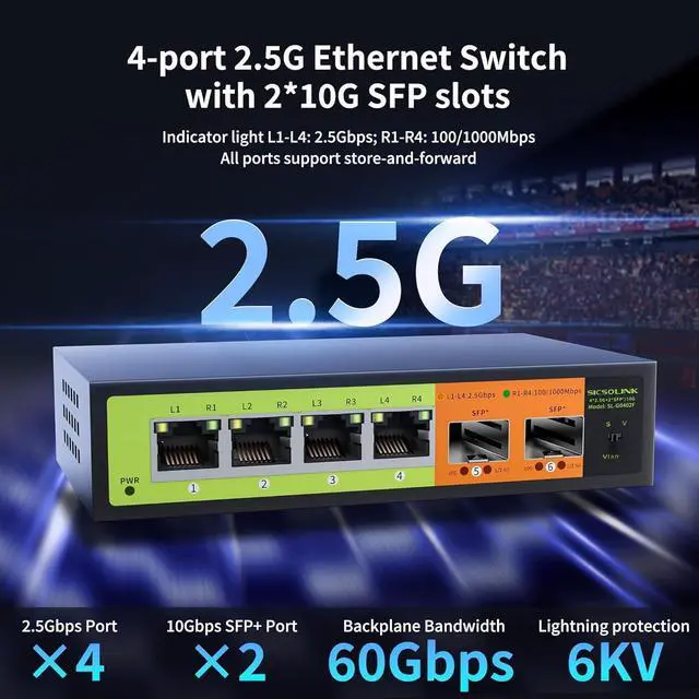 Alt view image 2 of 7 - 6 Port 2.5Gb Network Switch, 4x2.5G RJ45, 2x10G SFP+, Muti-gigabit, Unmanaged, Metal Case, 60G Bandwidth, Fanless, Compatible with 2.5gbe NAS, PC, AP