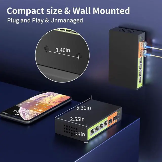Alt view image 5 of 7 - 6 Port 2.5Gb Network Switch, 4x2.5G RJ45, 2x10G SFP+, Muti-gigabit, Unmanaged, Metal Case, 60G Bandwidth, Fanless, Compatible with 2.5gbe NAS, PC, AP