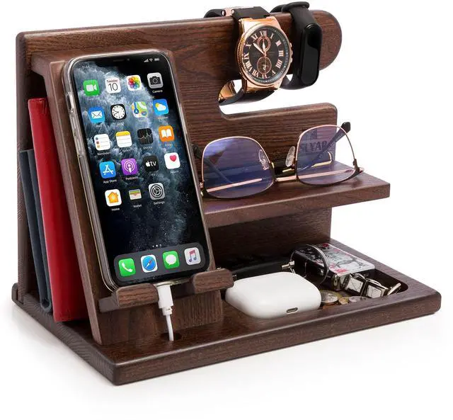 Main image of Wood Phone Docking Station for Men - Desktop or Nightstand Organizer - Birthday Gifts for Men, Dad - Anniversary Idea from Wife - Key Holder, Stand Wallet, Watch & Essentials (Bourbon Brown)