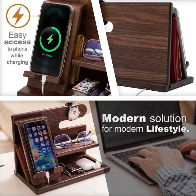 Alt view image 3 of 7 - Wood Phone Docking Station for Men - Desktop or Nightstand Organizer - Birthday Gifts for Men, Dad - Anniversary Idea from Wife - Key Holder, Stand Wallet, Watch & Essentials (Bourbon Brown)