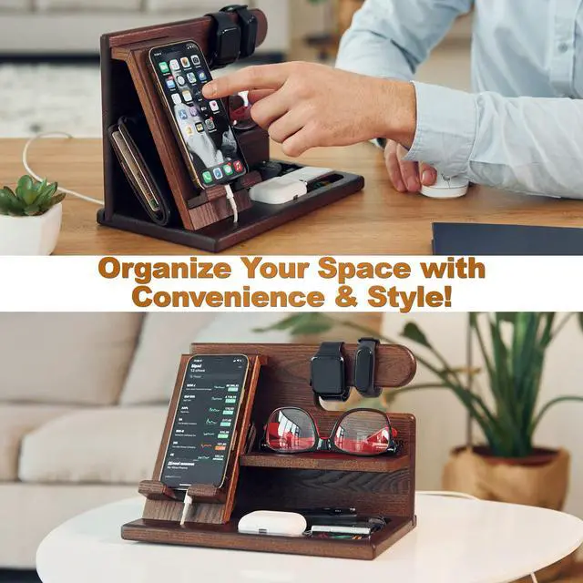 Alt view image 2 of 7 - Wood Phone Docking Station for Men - Desktop or Nightstand Organizer - Birthday Gifts for Men, Dad - Anniversary Idea from Wife - Key Holder, Stand Wallet, Watch & Essentials (Bourbon Brown)