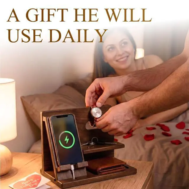 Alt view image 4 of 7 - Wood Phone Docking Station for Men - Desktop or Nightstand Organizer - Birthday Gifts for Men, Dad - Anniversary Idea from Wife - Key Holder, Stand Wallet, Watch & Essentials (Bourbon Brown)