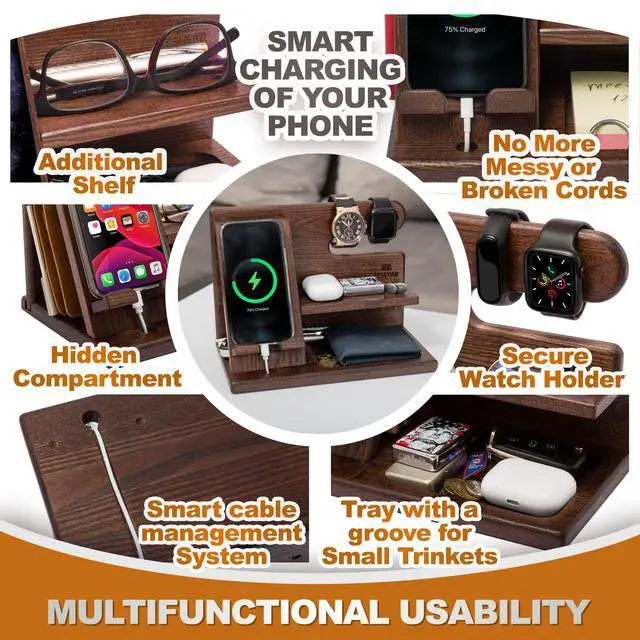 Alt view image 5 of 7 - Wood Phone Docking Station for Men - Desktop or Nightstand Organizer - Birthday Gifts for Men, Dad - Anniversary Idea from Wife - Key Holder, Stand Wallet, Watch & Essentials (Bourbon Brown)