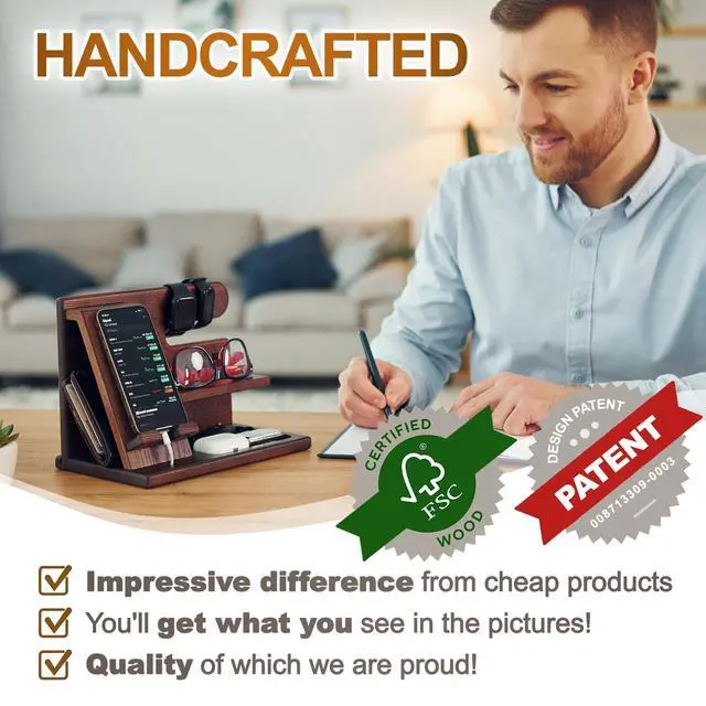 Alt view image 6 of 7 - Wood Phone Docking Station for Men - Desktop or Nightstand Organizer - Birthday Gifts for Men, Dad - Anniversary Idea from Wife - Key Holder, Stand Wallet, Watch & Essentials (Bourbon Brown)