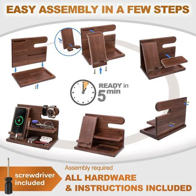 Alt view image 7 of 7 - Wood Phone Docking Station for Men - Desktop or Nightstand Organizer - Birthday Gifts for Men, Dad - Anniversary Idea from Wife - Key Holder, Stand Wallet, Watch & Essentials (Bourbon Brown)