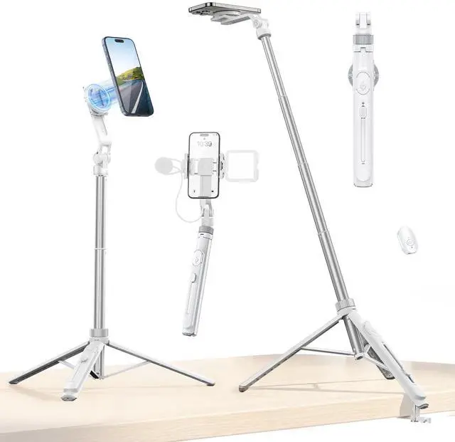 Main image of TT88 Magnetic Tripod for iPhone 17, 57" Extendable Selfie Stick w Remote, 2-in-1 Phone Clip & Dual Cold Shoe Mounts-Lightweight Phone Tripod Stand for Vlogging, Travel, Video Recording, White