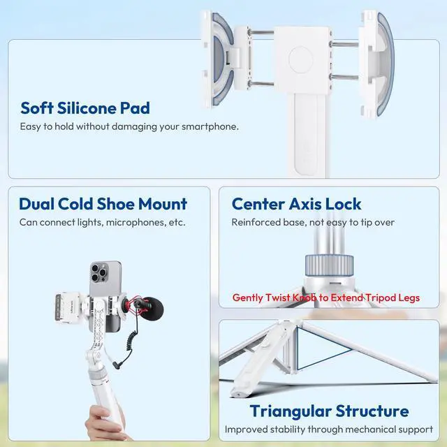 Alt view image 4 of 7 - TT88 Magnetic Tripod for iPhone 17, 57" Extendable Selfie Stick w Remote, 2-in-1 Phone Clip & Dual Cold Shoe Mounts-Lightweight Phone Tripod Stand for Vlogging, Travel, Video Recording, White