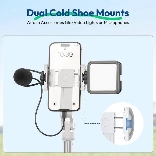 Alt view image 7 of 7 - TT88 Magnetic Tripod for iPhone 17, 57" Extendable Selfie Stick w Remote, 2-in-1 Phone Clip & Dual Cold Shoe Mounts-Lightweight Phone Tripod Stand for Vlogging, Travel, Video Recording, White