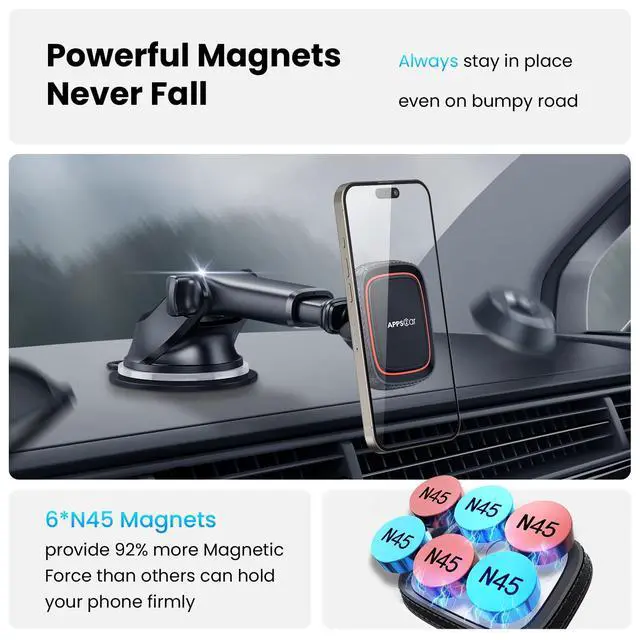 Alt view image 3 of 7 - Magnetic Phone Mount for Car, Dashboard & Windshield Suction Cup Holder with Telescopic Arm, Requires Metal Plate (Included), Universal Fit for iPhone & Android Smartphones