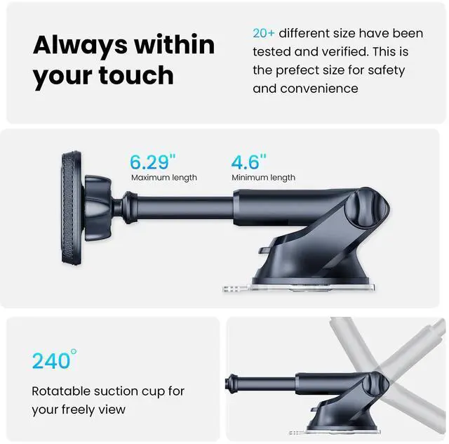 Alt view image 4 of 7 - Magnetic Phone Mount for Car, Dashboard & Windshield Suction Cup Holder with Telescopic Arm, Requires Metal Plate (Included), Universal Fit for iPhone & Android Smartphones
