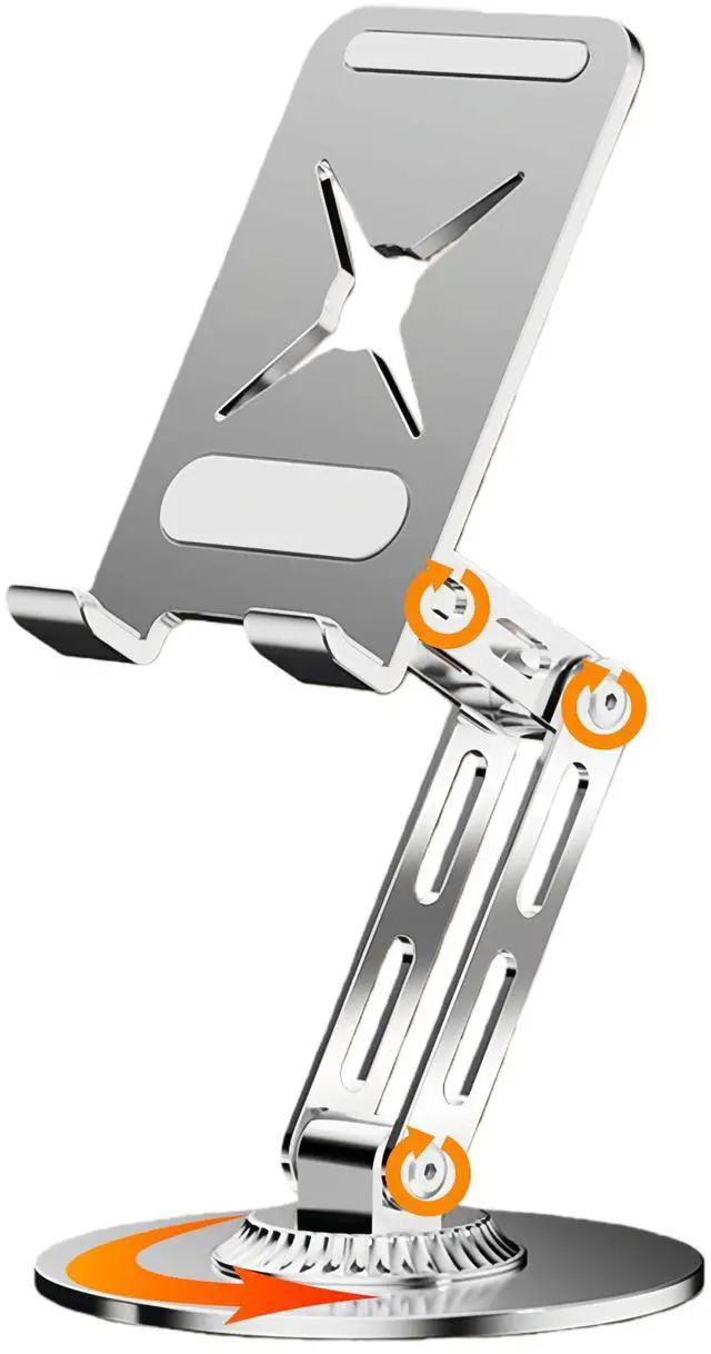 Main image of All-Metal Cell Phone Stand 360° Rotatable & Height Adjustable - 25KG Super Load-Bearing, Foldable Desk Stand for Phone & Tablet, Compatible with iPhone 17/16/15/14, Nintendo Switch, Silver