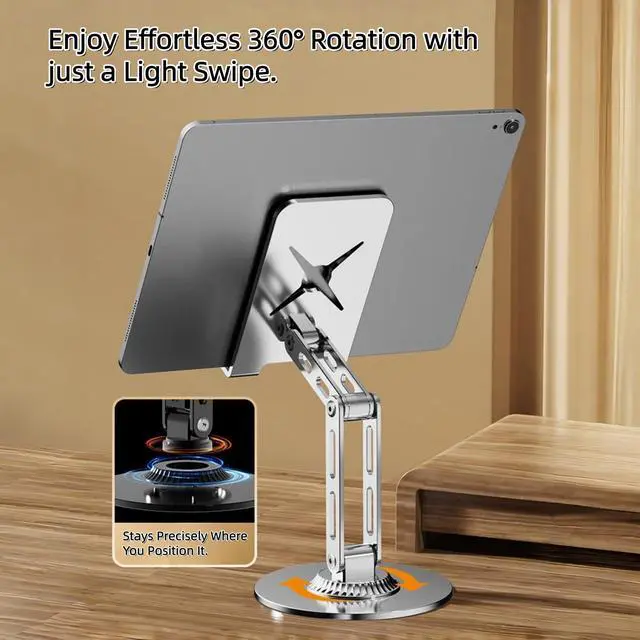 Alt view image 5 of 7 - All-Metal Cell Phone Stand 360° Rotatable & Height Adjustable - 25KG Super Load-Bearing, Foldable Desk Stand for Phone & Tablet, Compatible with iPhone 17/16/15/14, Nintendo Switch, Silver