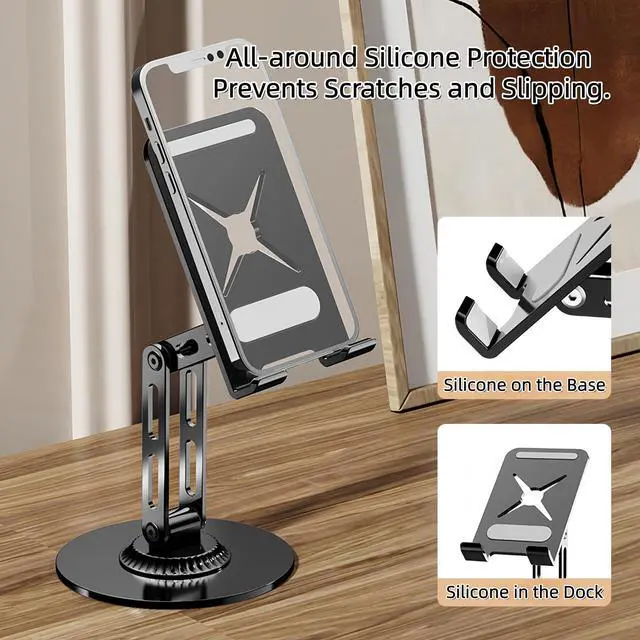 Alt view image 4 of 7 - All-Metal Cell Phone Stand 360° Rotatable & Height Adjustable - 25KG Super Load-Bearing, Foldable Desk Stand for Phone & Tablet, Compatible with iPhone 17/16/15/14, Nintendo Switch, Silver