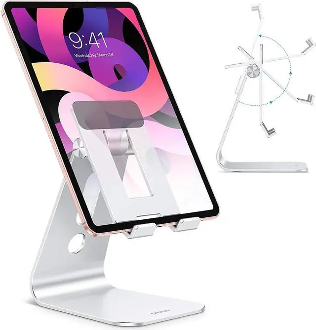 Main image of Adjustable Tablet Stand for Desk, Upgraded Longer Arms for Greater Stability, T2 Tablet Holder with Hollow Design for Bigger Sized Phones and Tablets Such as iPad Pro/Air/Mini, Silver