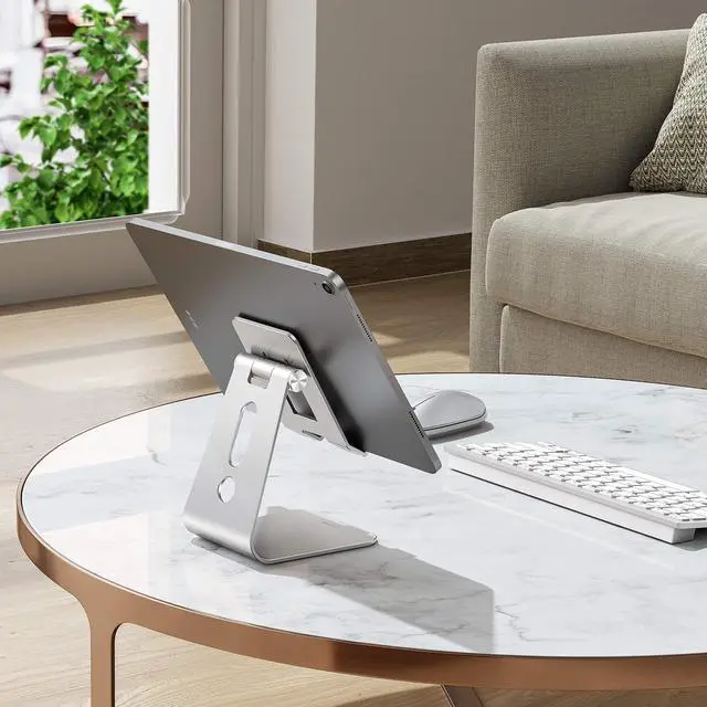 Alt view image 2 of 7 - Adjustable Tablet Stand for Desk, Upgraded Longer Arms for Greater Stability, T2 Tablet Holder with Hollow Design for Bigger Sized Phones and Tablets Such as iPad Pro/Air/Mini, Silver