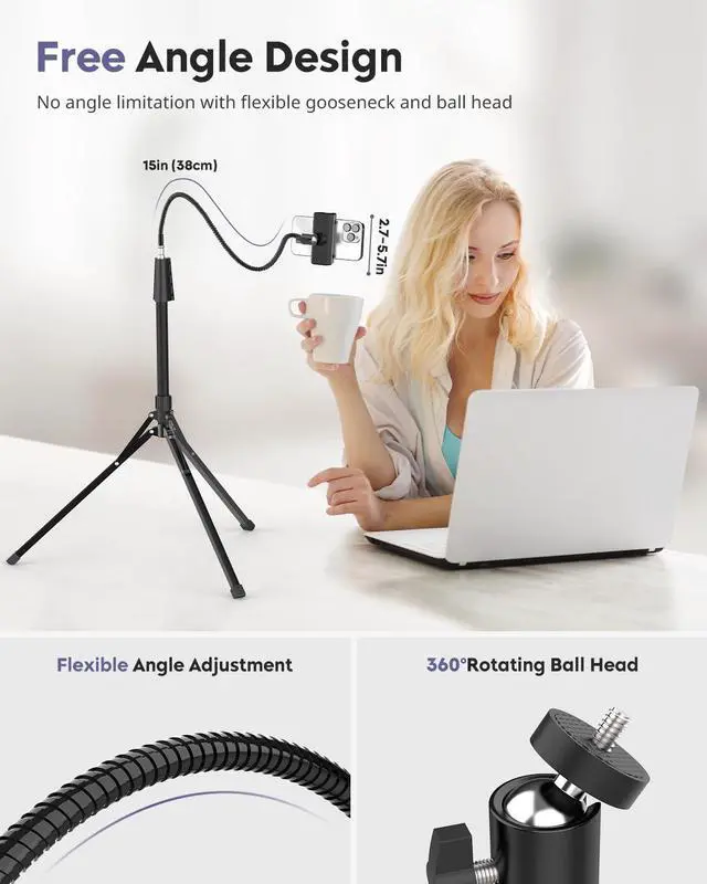 Alt view image 2 of 7 - Phone Tripod, 92" Cell Phone Stand with 15" Gooseneck, Remote and Phone Holder, Overhead & Selfie Stick for Recording/Watching/Vlog, Compatible with iPhone Android