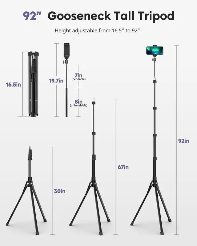 Alt view image 5 of 7 - Phone Tripod, 92" Cell Phone Stand with 15" Gooseneck, Remote and Phone Holder, Overhead & Selfie Stick for Recording/Watching/Vlog, Compatible with iPhone Android