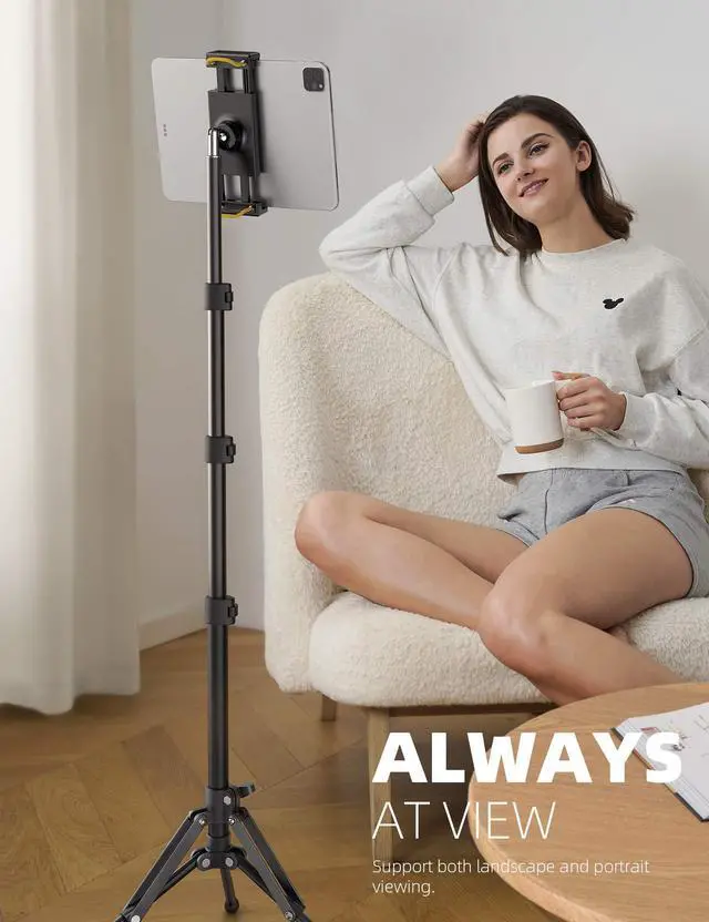 Alt view image 2 of 7 - Tablet Floor Tripod Stand - 64.9" Tablet Holder Mount with Adjustable Height for Watching, Bluetooth Remote, for 4.7-13" iPad Pro 12.9 11 10.5 Mini, Air, iPhone, Galaxy Tabs