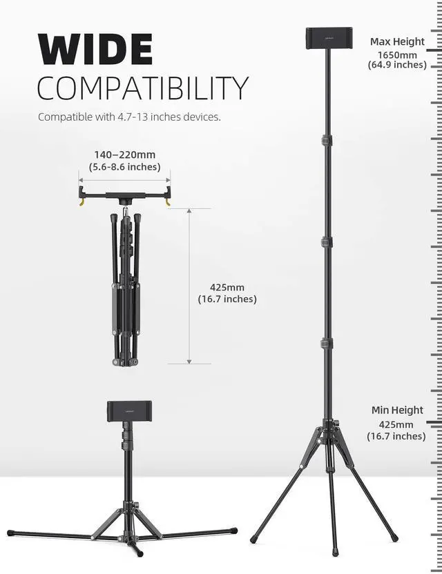 Alt view image 5 of 7 - Tablet Floor Tripod Stand - 64.9" Tablet Holder Mount with Adjustable Height for Watching, Bluetooth Remote, for 4.7-13" iPad Pro 12.9 11 10.5 Mini, Air, iPhone, Galaxy Tabs