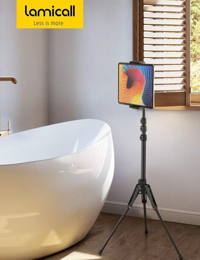 Alt view image 7 of 7 - Tablet Floor Tripod Stand - 64.9" Tablet Holder Mount with Adjustable Height for Watching, Bluetooth Remote, for 4.7-13" iPad Pro 12.9 11 10.5 Mini, Air, iPhone, Galaxy Tabs