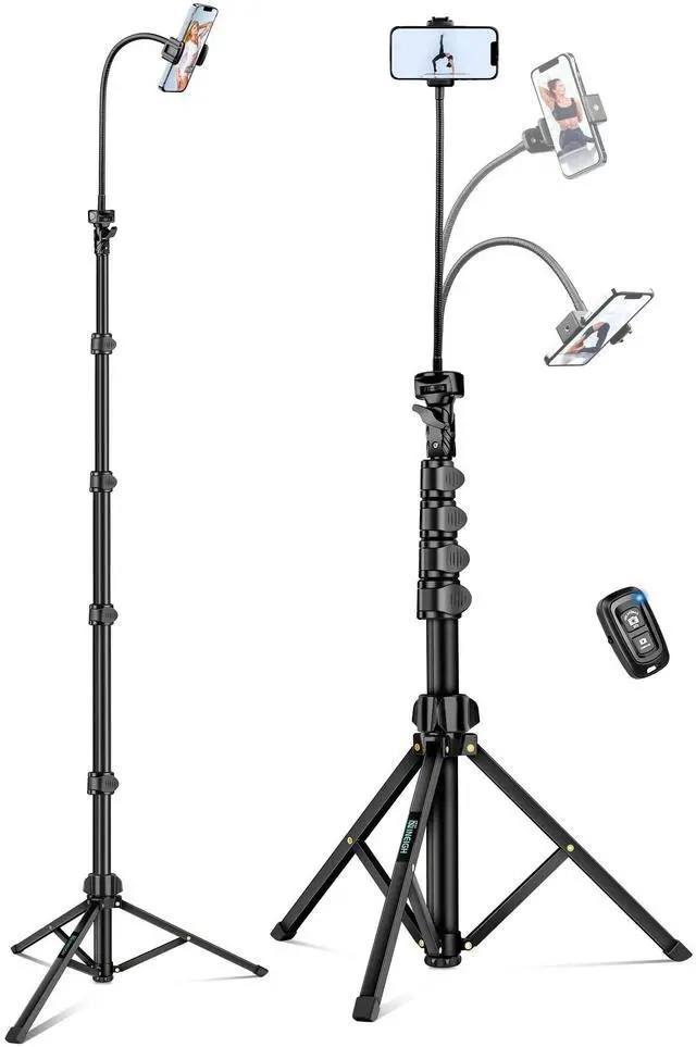 Main image of Phone Tripod, 85" Tripod for Cell Phone iPhone with Gooseneck, Aluminum Tripods Stand for Video Recording Photo Vlog, Travel Cellphone Tripod with Remote Compatible with iPhone Android
