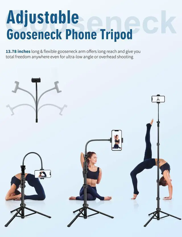 Alt view image 2 of 7 - Phone Tripod, 85" Tripod for Cell Phone iPhone with Gooseneck, Aluminum Tripods Stand for Video Recording Photo Vlog, Travel Cellphone Tripod with Remote Compatible with iPhone Android