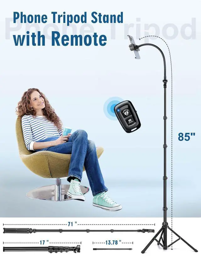 Alt view image 3 of 7 - Phone Tripod, 85" Tripod for Cell Phone iPhone with Gooseneck, Aluminum Tripods Stand for Video Recording Photo Vlog, Travel Cellphone Tripod with Remote Compatible with iPhone Android