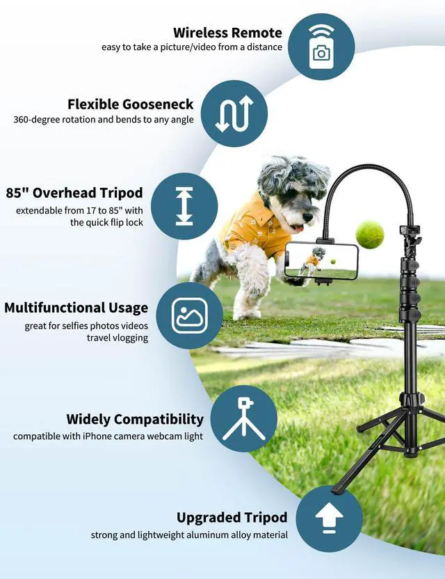 Alt view image 5 of 7 - Phone Tripod, 85" Tripod for Cell Phone iPhone with Gooseneck, Aluminum Tripods Stand for Video Recording Photo Vlog, Travel Cellphone Tripod with Remote Compatible with iPhone Android