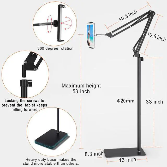 Alt view image 5 of 7 - Tablet Floor Stand with Heavy Duty Base, Overhead Bed phone Stand Angle Height Adjustable Arm Stretchable Stand Holder, Compatible with iPad Mini Air Pro, Galaxy Tab, Kindle, E-Readers,Cell Phones