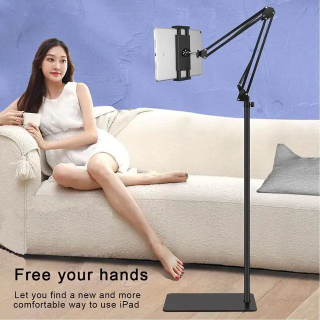 Alt view image 7 of 7 - Tablet Floor Stand with Heavy Duty Base, Overhead Bed phone Stand Angle Height Adjustable Arm Stretchable Stand Holder, Compatible with iPad Mini Air Pro, Galaxy Tab, Kindle, E-Readers,Cell Phones