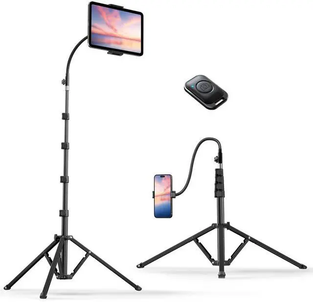 Main image of Heavy Duty Tablet Tripod Stand 82 Tall, Floor Stand with Remote and Adjustable Gooseneck for Watching/Stream/Recording, Tripod for iPad Pro 12.9/Kindle/iPhone, and All 4.5-13 Tablet/Phone