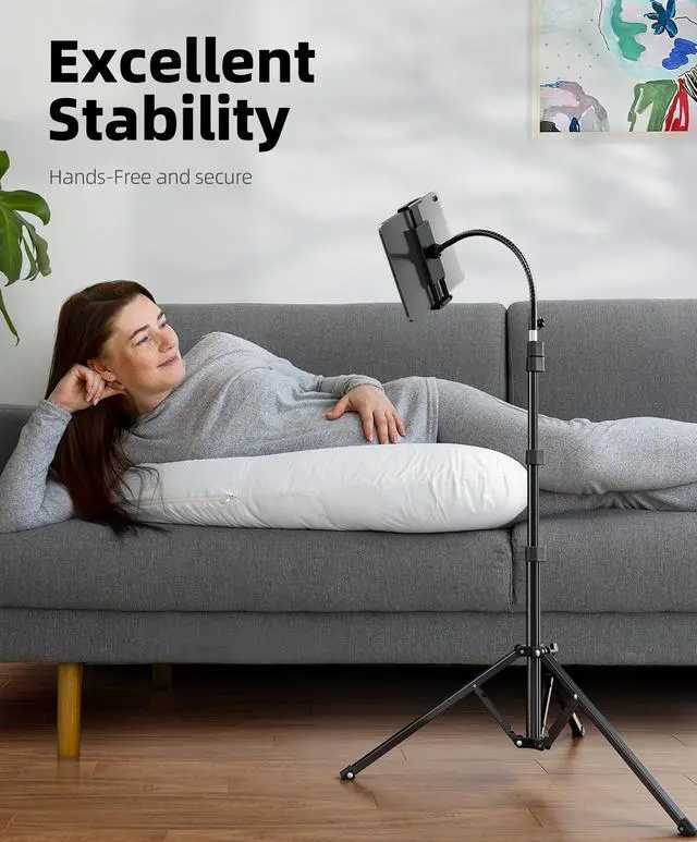 Alt view image 2 of 7 - Heavy Duty Tablet Tripod Stand 82 Tall, Floor Stand with Remote and Adjustable Gooseneck for Watching/Stream/Recording, Tripod for iPad Pro 12.9/Kindle/iPhone, and All 4.5-13 Tablet/Phone