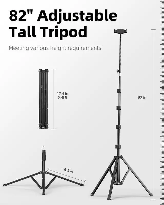 Alt view image 4 of 7 - Heavy Duty Tablet Tripod Stand 82 Tall, Floor Stand with Remote and Adjustable Gooseneck for Watching/Stream/Recording, Tripod for iPad Pro 12.9/Kindle/iPhone, and All 4.5-13 Tablet/Phone