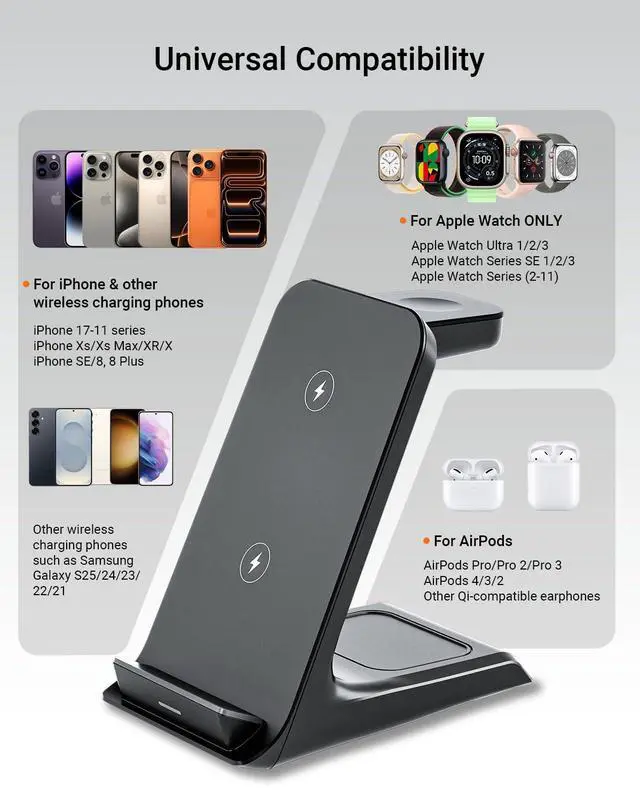 Alt view image 6 of 7 - Wireless Charger for Thick Cases of 10MM/Otterbox/Heavy Duty, 3 in 1 Charging Dock for iPhone 17 16 15 14 Pro Max, Phone Stand Charging Station for Multiple Devices for Apple Watch/AirPods