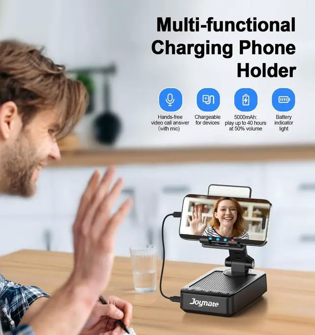 Alt view image 2 of 7 - Gifts for Men Women, Phone Stand with Bluetooth Speaker and Charging Function 360° Rotable Angle Adjustable Cell Phone Holder with HD Stereo Sound Fits All Phones,Tablet (Black)