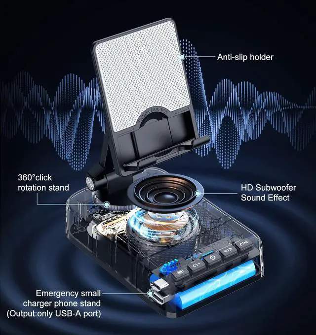 Alt view image 3 of 7 - Gifts for Men Women, Phone Stand with Bluetooth Speaker and Charging Function 360° Rotable Angle Adjustable Cell Phone Holder with HD Stereo Sound Fits All Phones,Tablet (Black)