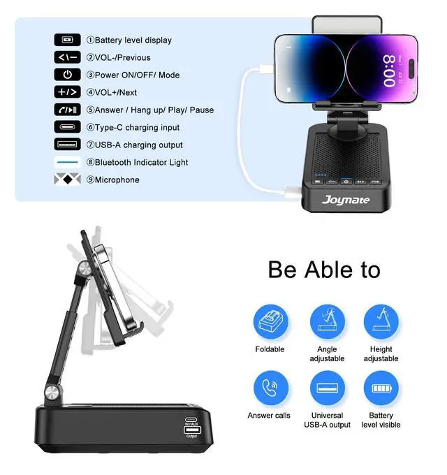 Alt view image 4 of 7 - Gifts for Men Women, Phone Stand with Bluetooth Speaker and Charging Function 360° Rotable Angle Adjustable Cell Phone Holder with HD Stereo Sound Fits All Phones,Tablet (Black)