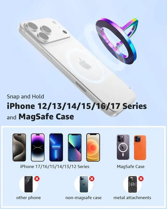Alt view image 6 of 7 - MagSafe Phone Grip, Stylish Cool Magnetic Ring Holder with Adjustable Stand, Removable MagSafe Accessories Only for iPhone 12/13/14/15/16/17 Series & Fits Magnetic Case - Colorful