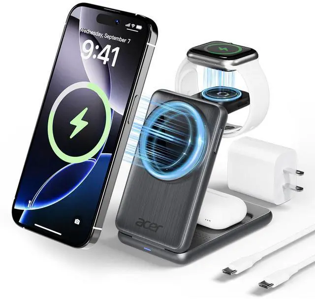 Main image of 3 in 1 Charging Station for iPhone, Wireless Charger Stand,15W Fast MagSafe Charger for iPhone 17 16 15 14 13 12 Series-Apple Watch 10 9 8 7 6 5 4 3 2 SE and Ultra Series-Airpods 4 3 2 Pro Series