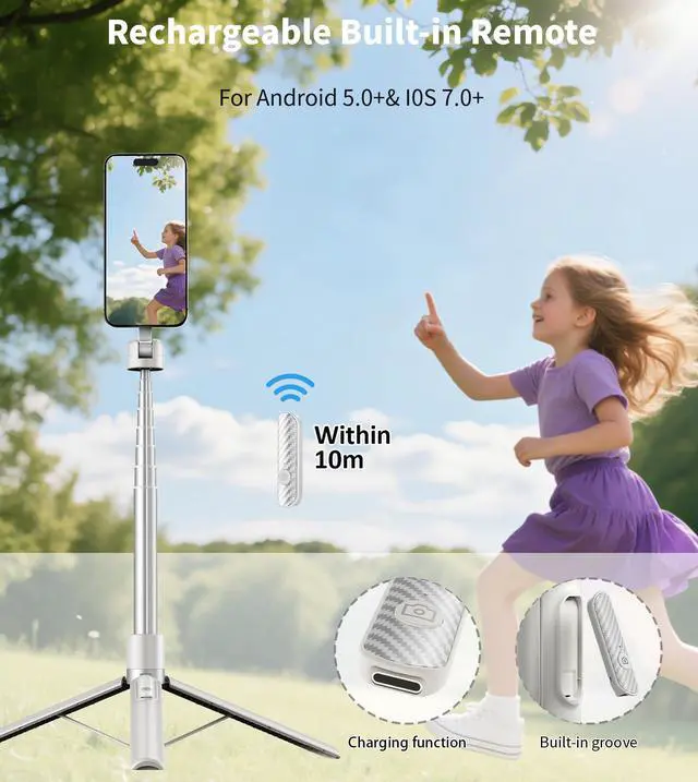 Alt view image 6 of 7 - 68" Magnetic Selfie Stick Tripod with Aluminum Strong Magnetic Holder for Magsafe, 360° Rotatable Travel Phone Tripod Stand with Metal Ring & Rechargeable Remote for iPhone/Android(Beige Gray)