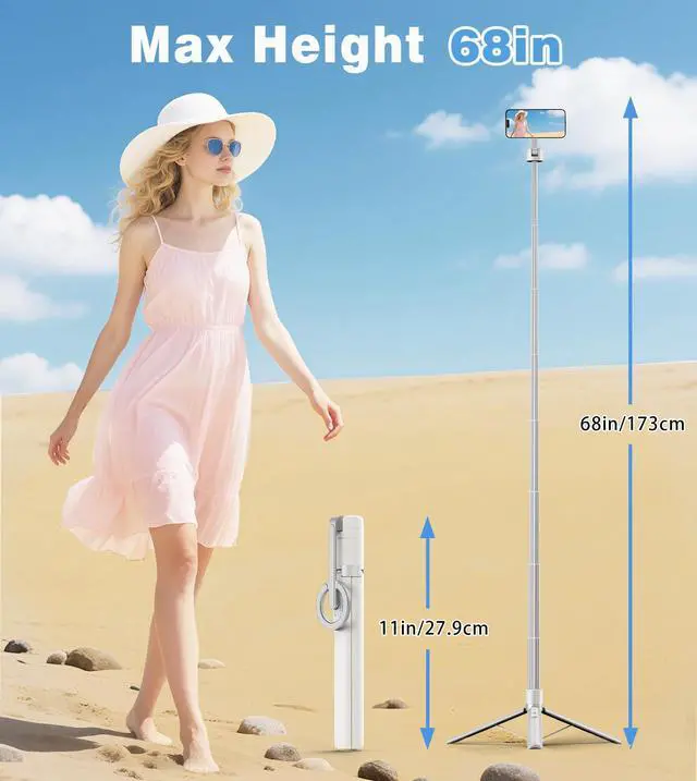 Alt view image 4 of 7 - 68" Magnetic Selfie Stick Tripod with Aluminum Strong Magnetic Holder for Magsafe, 360° Rotatable Travel Phone Tripod Stand with Metal Ring & Rechargeable Remote for iPhone/Android(Beige Gray)