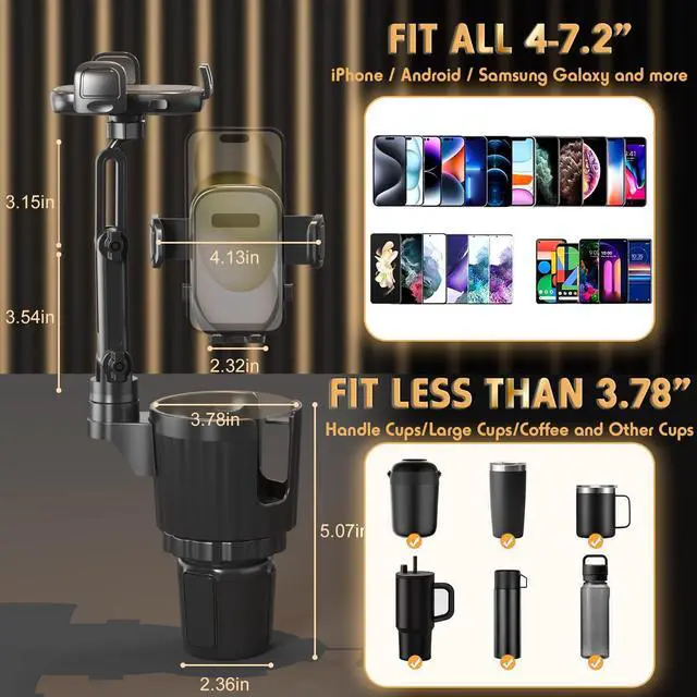 Alt view image 4 of 7 - Phone Holders for Your Car, 2 in 1 Universal Cup Holder Expander Adjustable Base with Phone Mount, Long Arm with 360°Rotation Cup Holder Phones Mount for Car Compatible with All Smartphones