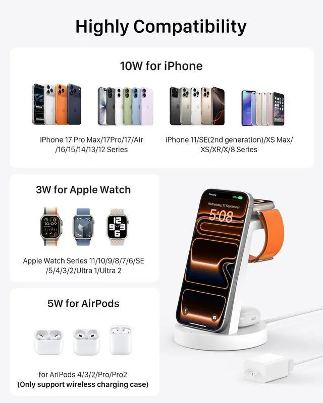Alt view image 4 of 7 - 3 in 1 Charging Station for iPhone - Wireless Charger for Apple Products Multiple Devices - Charging Dock Stand for AirPods (for iPhone 17 16e 16 15 14 13 pro 12 11 X Max)