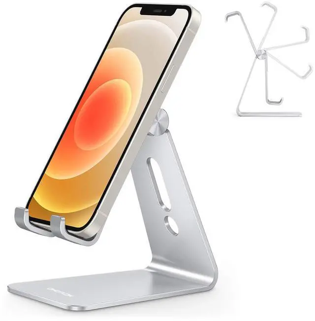 Main image of Adjustable Cell Phone Stand, Aluminum Desktop Cellphone Stand with Anti-Slip Base and Convenient Charging Port, Fits All Smart Phones, Silver