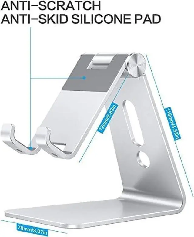 Alt view image 3 of 7 - Adjustable Cell Phone Stand, Aluminum Desktop Cellphone Stand with Anti-Slip Base and Convenient Charging Port, Fits All Smart Phones, Silver
